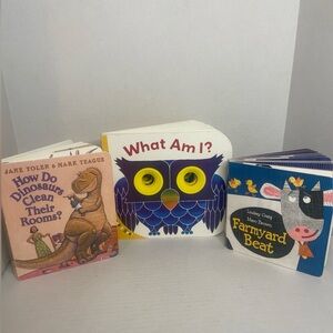 Lot Of 3 Board Books: What Am I? Farmyard Beat How Do Dinosaurs Clean Their Room